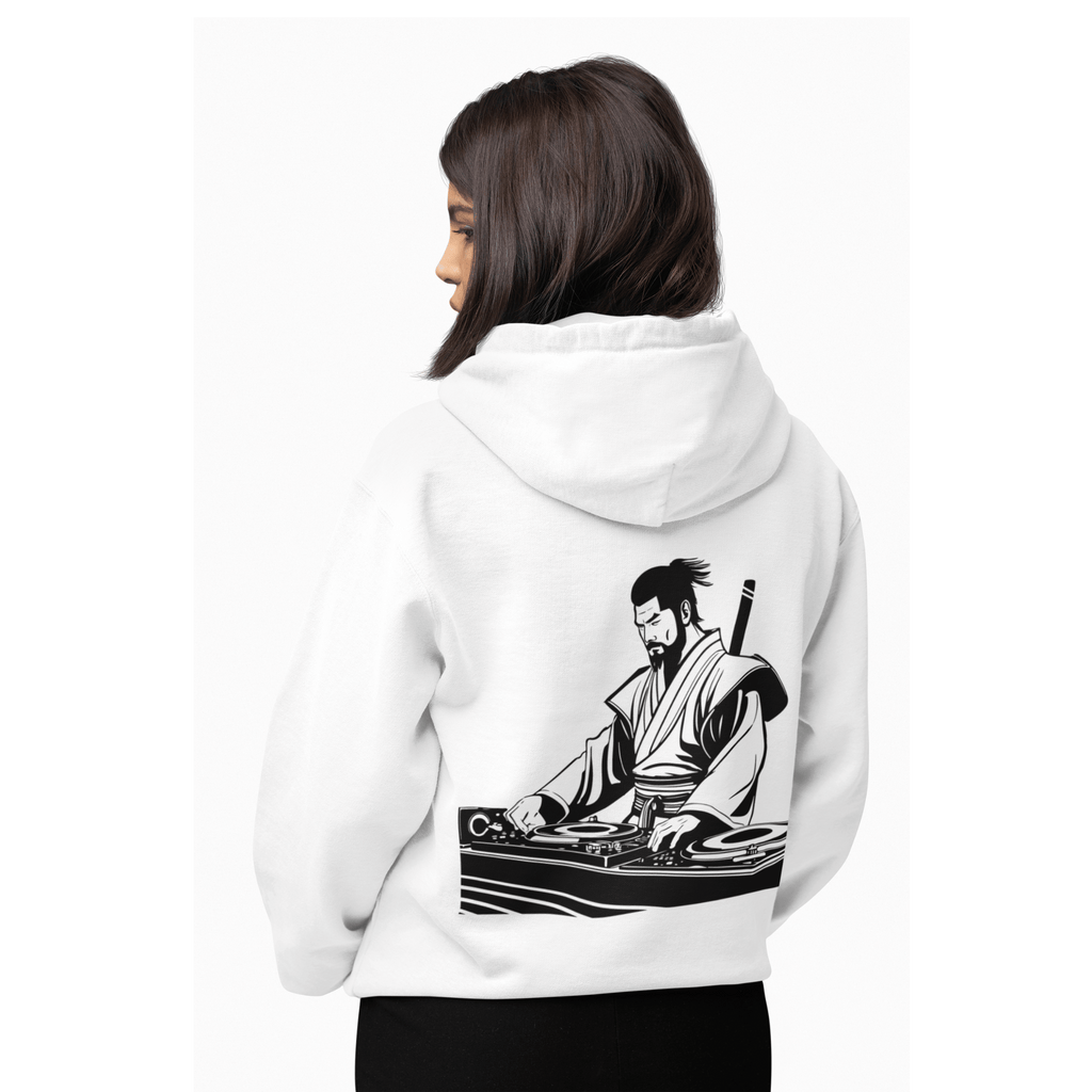 Person wearing a white hoodie with a black and white graphic on the back