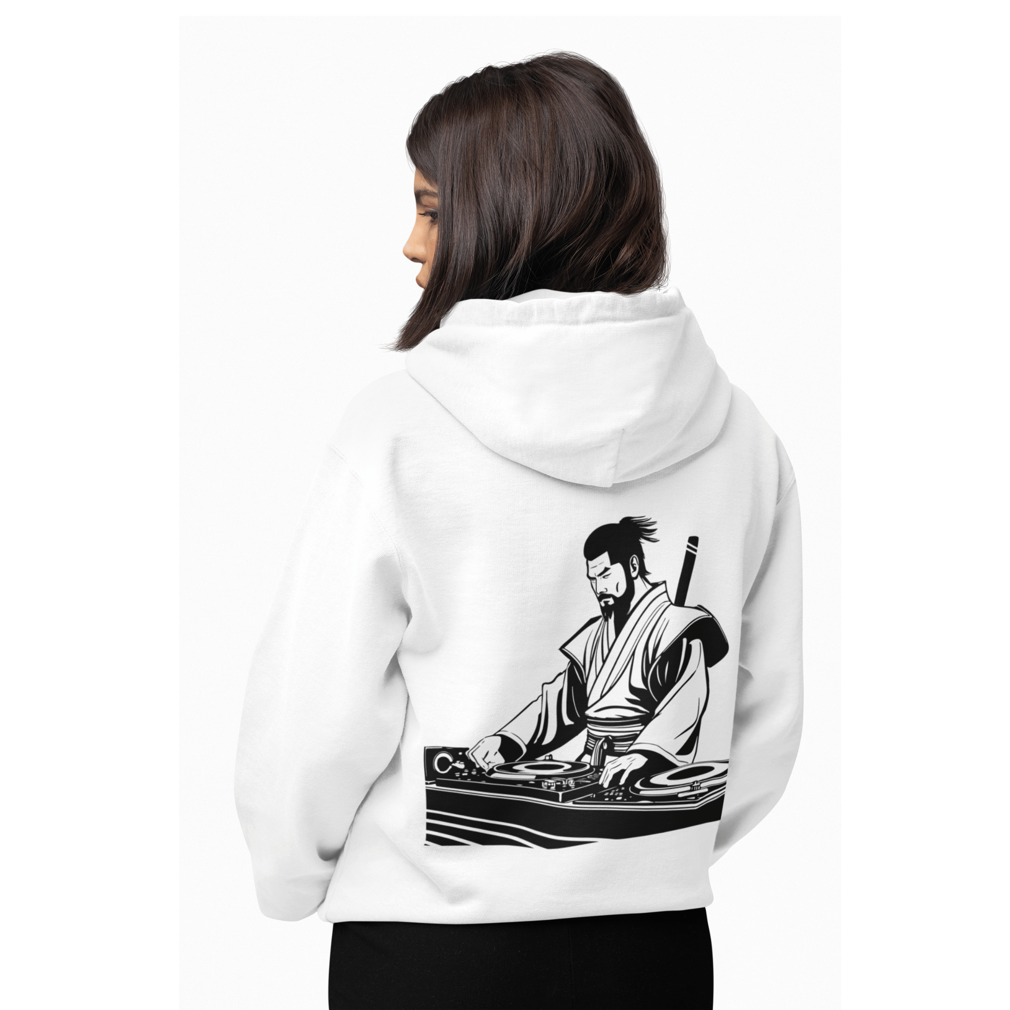 Person wearing a white hoodie with a black and white graphic on the back